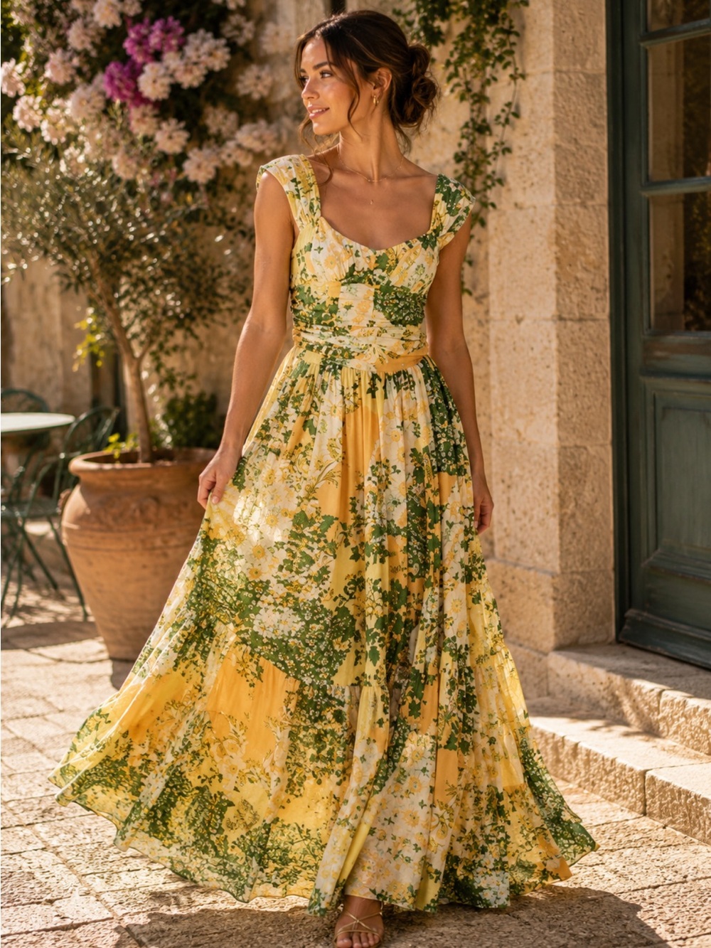Free People Yellow and Green Floral Maxi Dress